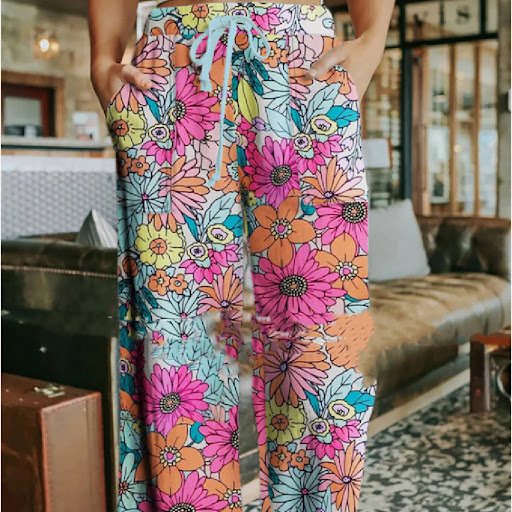 Title 3, Loose Floral Drawstring Womens Trousers for Co...