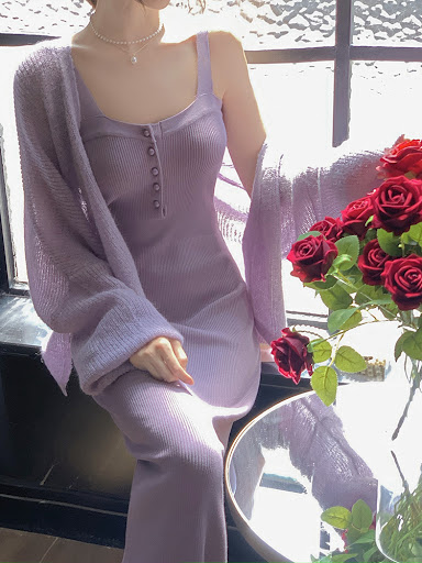 Title 6, Hip Wrapped Purple Knitted Dress Cardigan Two-p...