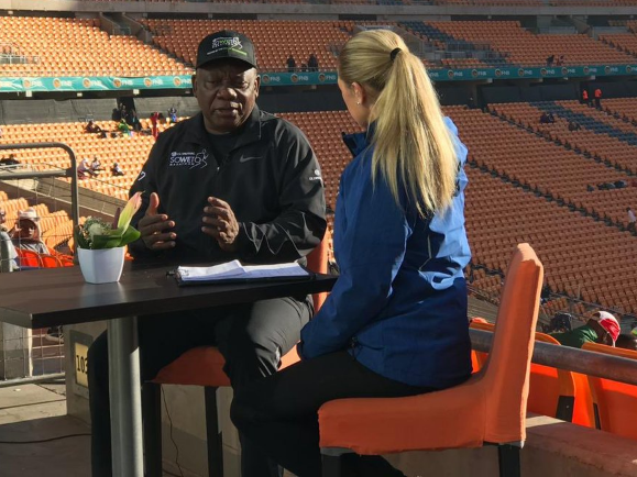 President Cyril Ramaphosa talks to the SABC at FNB Stadium ahead of the start of the 2018 Old Mutual Soweto Marathon on Sunday November 4, 2018. Image: