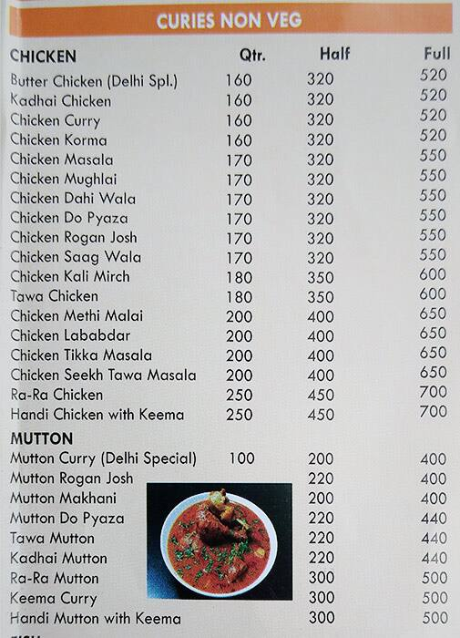 Delhi Darbar Dhaba menu 