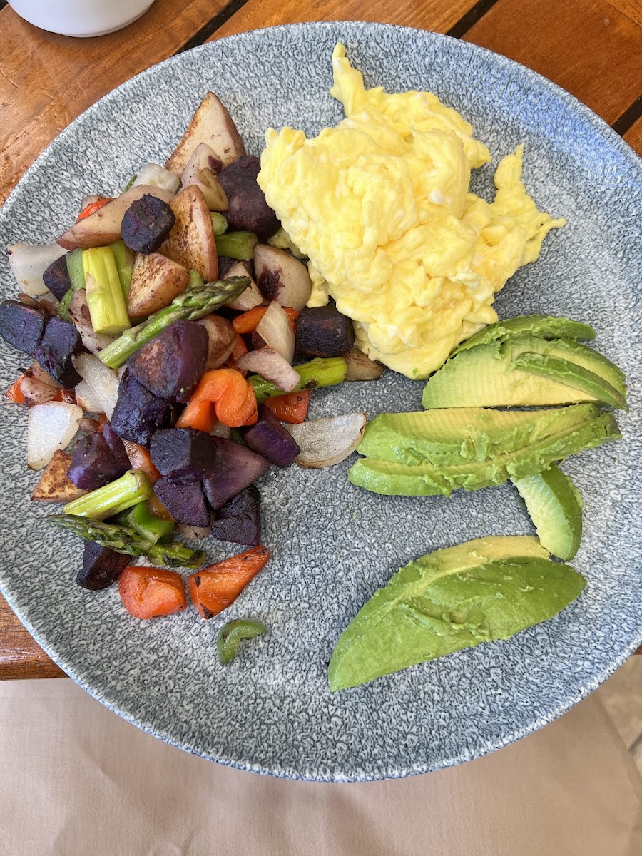 Scambled eggs with sautéed veggies and avocado