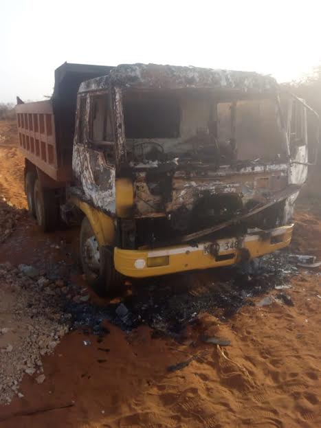 Lorry that was torched after driver and his turnboy working on a road in Mandera South, Mandera county, were abducted on June 21.