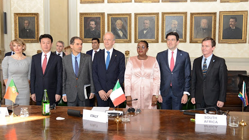 The seven ministers of the founding member-countries after signing the treaty to establish the Square Kilometre Array Observatory.