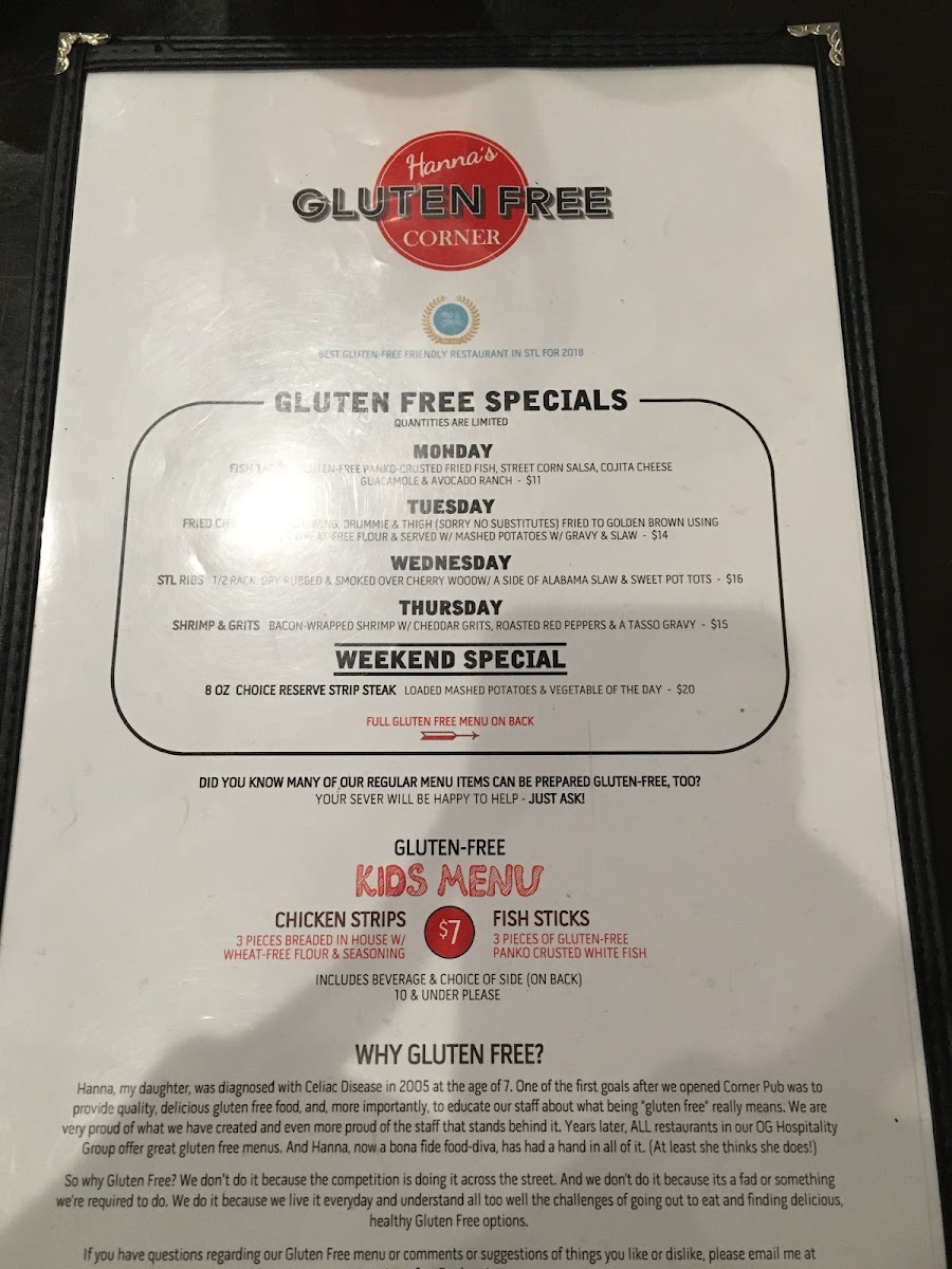 The Corner Pub & Grill gluten-free menu