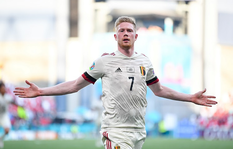 Kevin De Bruyne of Belgium celebrates after scoring his side's second goal in the Uefa Euro 2020 Championship Group B match against Denmark at Parken Stadium in Copenhagen, Denmark, on June 17 2021.