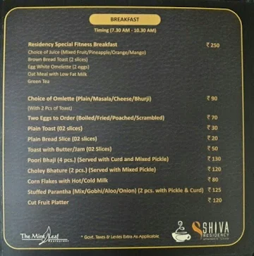 The Mint Leaf Restaurant - Hotel Shiva Residency menu 