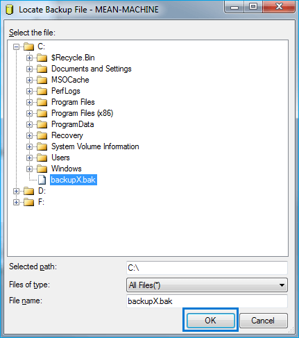 bak file open sql server without backup ok pick confirm database both options press