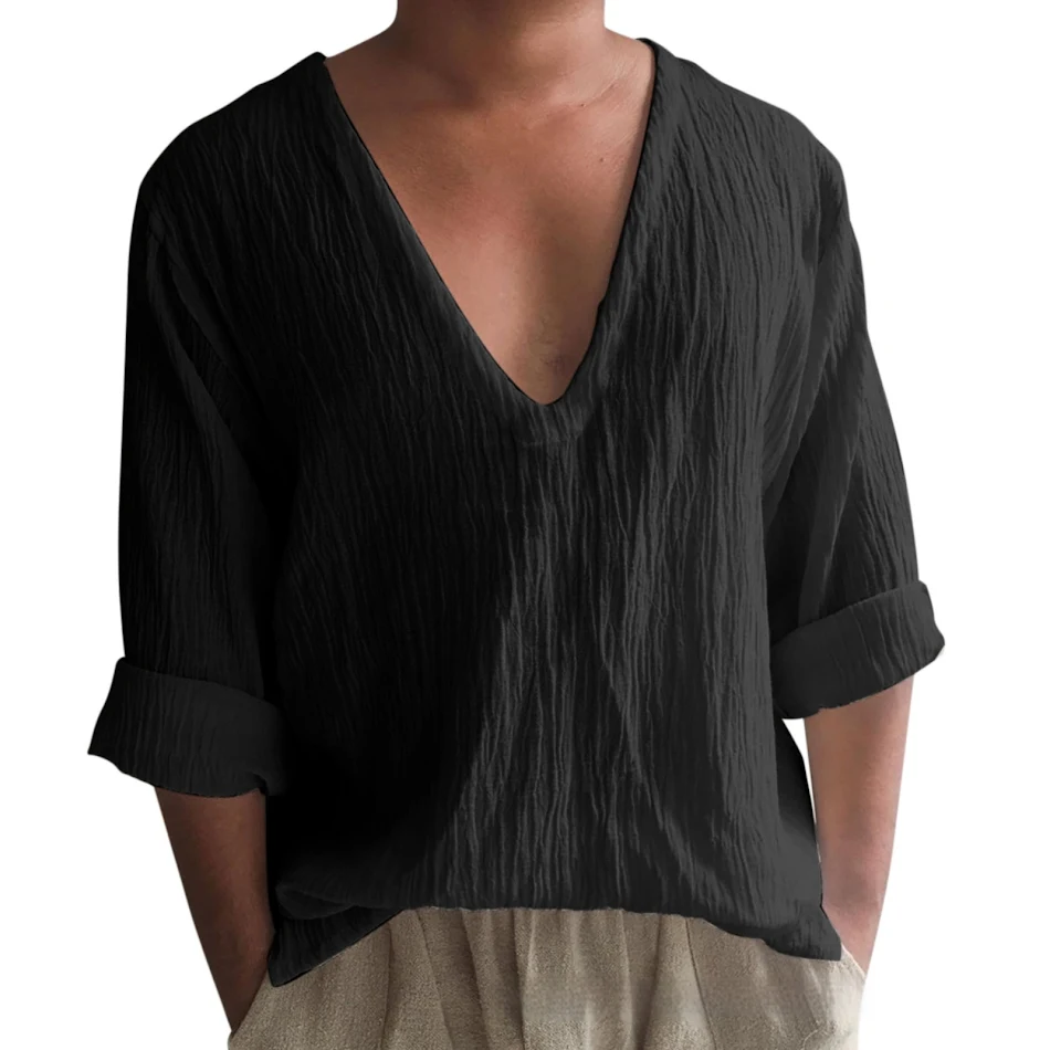 Men's Long Sleeve Solid Color and V-neck Washed Cotton T-shirt. Comfortable, versatile, and perfect for casual everyday 