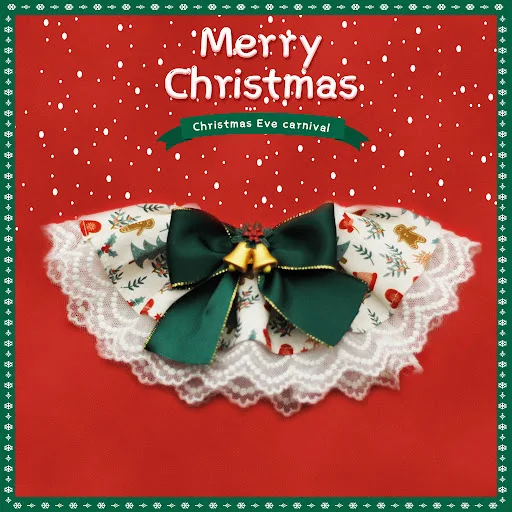 Christmas Dog Collar Lace Bib Red Bowknot Santa Clause Printed Cat Scarf with Bell Puppy Necklace Dog Accessories