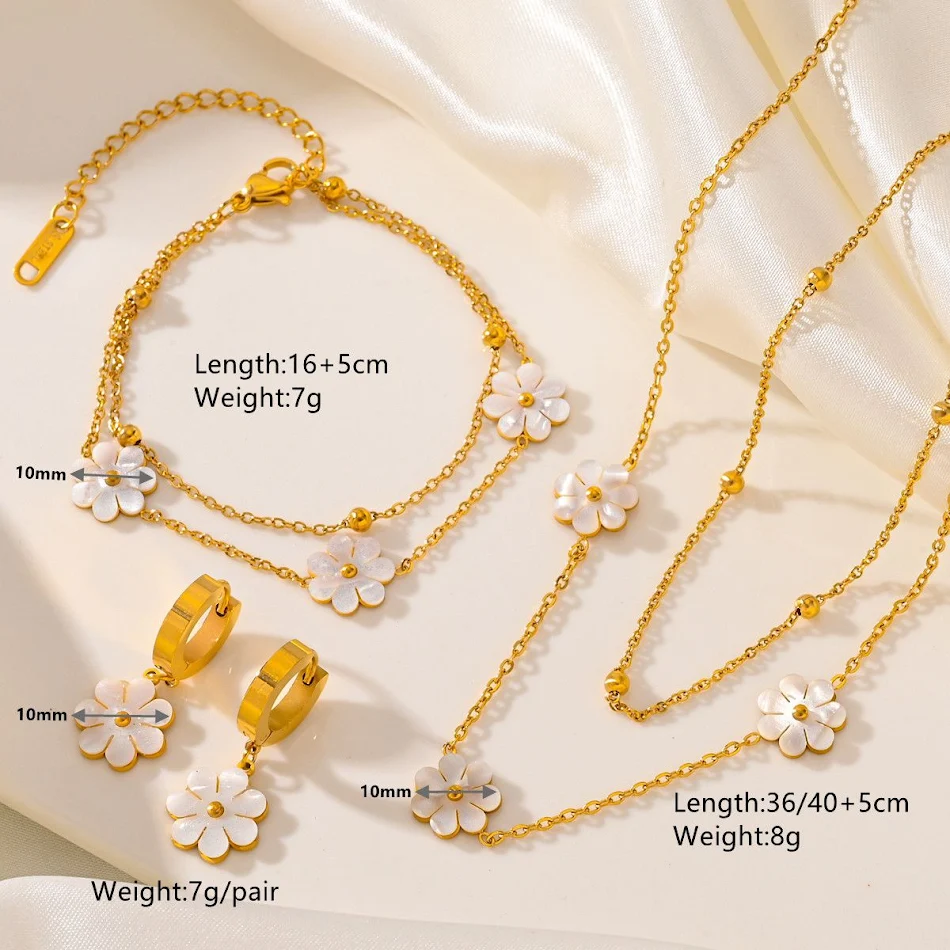 Mode sieraden set, RVS bloem madeliefje ketting en oorbellen, dubbele laag, voor dames en meisjes.