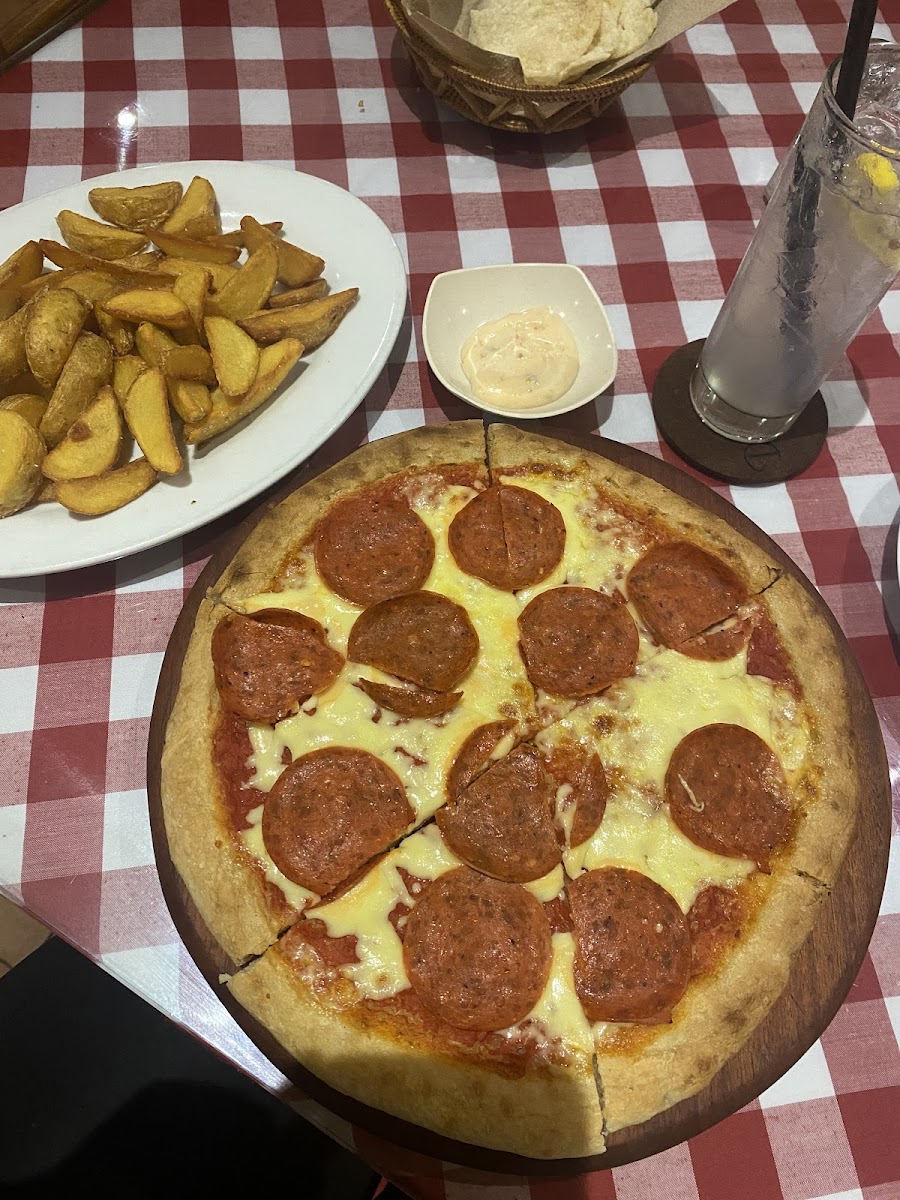 Pepperoni pizza and wedges from glutenfree fryer