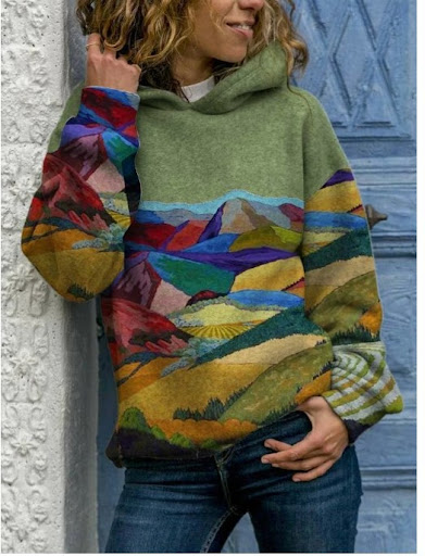 Title 3, Ladies Landscape Print Hooded Casual Sweatshirt...