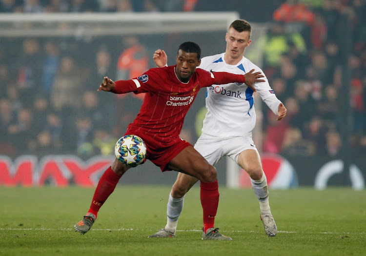 Liverpool's Georginio Wijnaldum in action against Genk's Bryan Heynen during the Champions League, Group E match at Anfield, Liverpool on November 5.