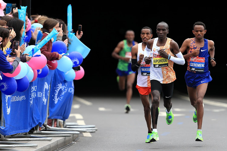 Eliud Kipchoge of Kenya on his way to winning the men's race during the London Marathon on April 28 2019.