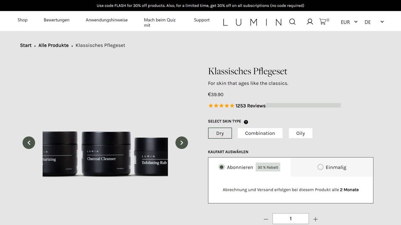 Shopify Abonnements Beispiel Luminskin.com 