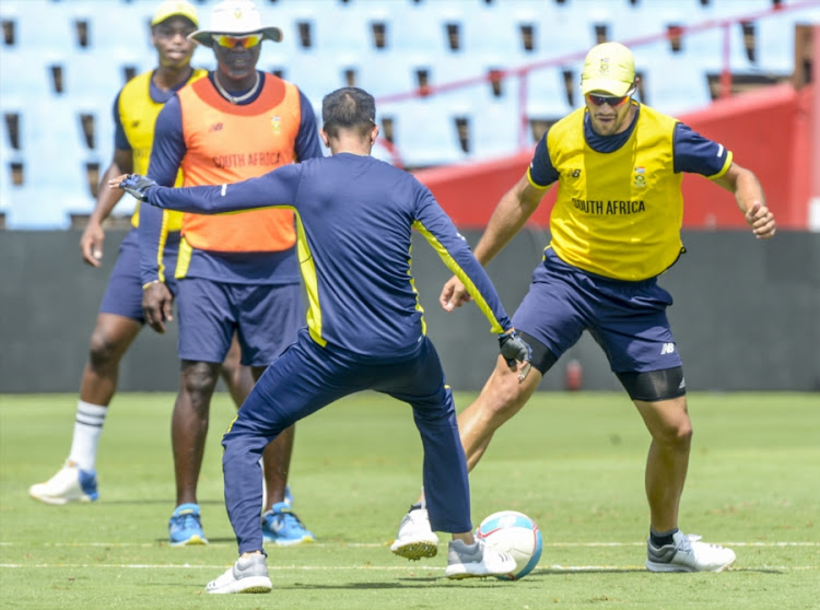 Aiden Markram and Keshav Maharaj of the Proteas during the South African senior national men's cricket team training session and press conference at SuperSport Park on January 11, 2018 in Pretoria, South Africa.