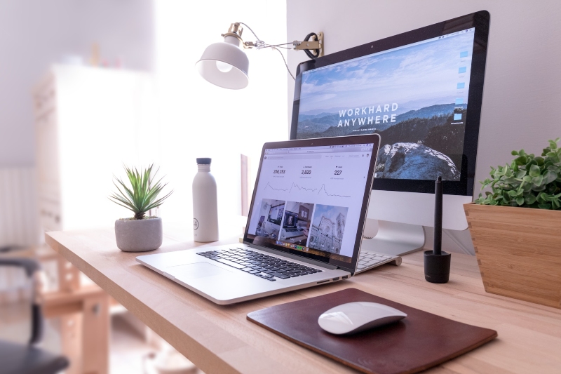 a remote workstation for airbnb guests with a desk, computer monitor, mouse, lamp, and plants