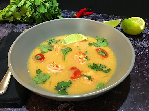 A tasty, hot bowl of Thai Coconut Soup with shrimp!