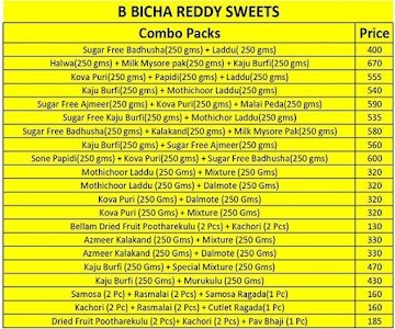 B. Bichareddy Pure Ghee Sweets menu 