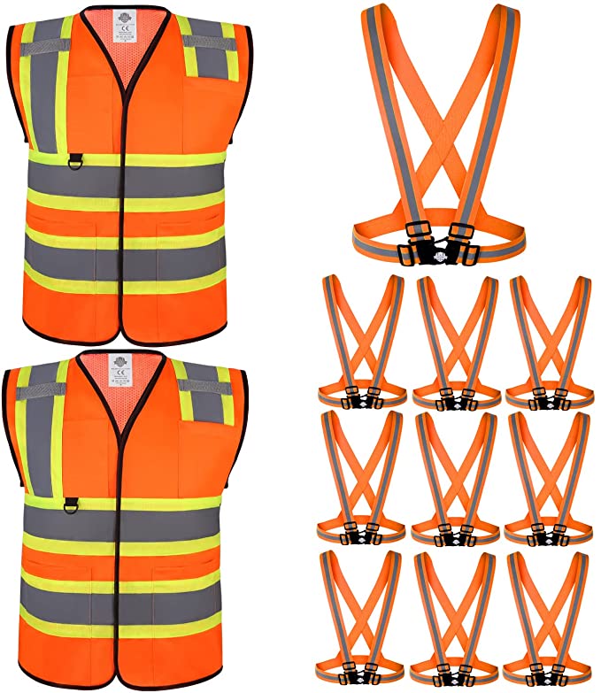 Dazonity High Visibility Reflective Safety Vests With Multi Pockets,12pcs,XL,Orange , Running Gear for Men,Women,Workers,Jogging,Walking,Cycling,Construction ,Warehouse,Motorcycle,