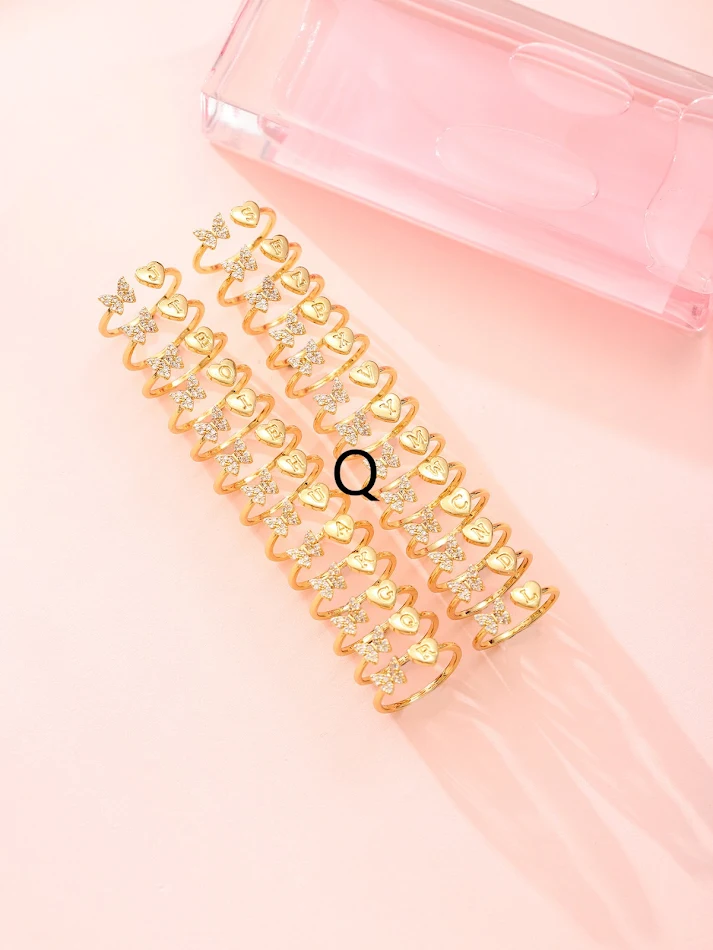 Anel feminino com borboleta de zircônia e letras de amor, um acessório de moda elegante, ideal para mulheres e perfeito para presentear, uso diário.