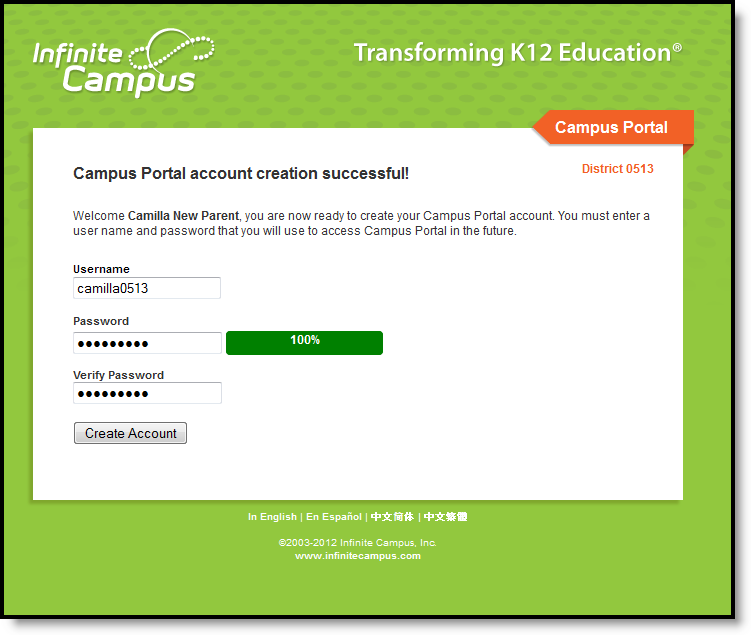 Image of Username and Password Creation Screen for Infinite Campus