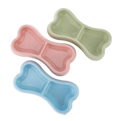 Plastic Bone Shape Cat Double Bowl Anti Rollover Random Color Cat Food Drinking Tray Bone Shape Dogs Feeder Double-head 