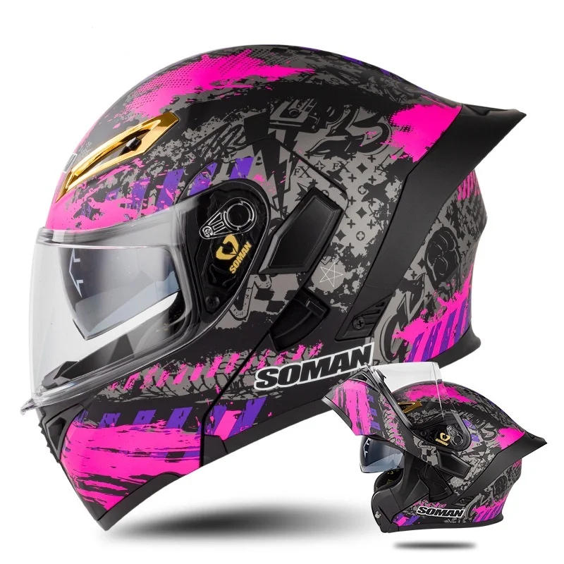 Casque de moto double lentille exposée pour hommes et femmes, offrant sécurité et style. Profitez d'une protection optimale et d'une visibilité claire.
