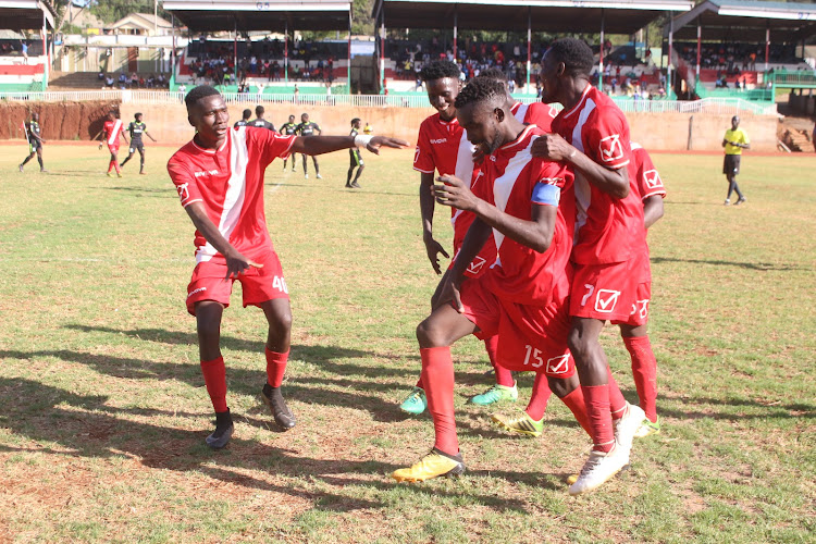 Gusii FC plyers celebrate after captain Wycliff Nyangechi scored in their 1-0 win over Kibera Black Stars