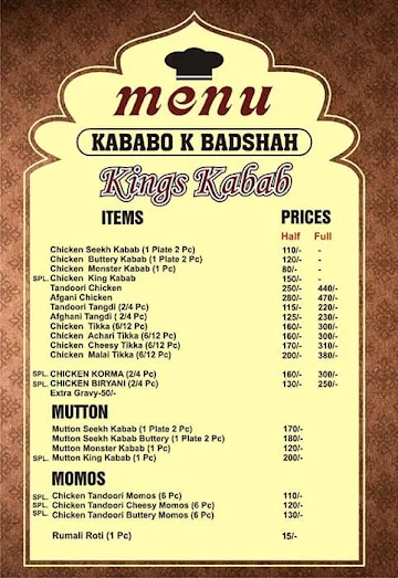 Kings Kabab menu 