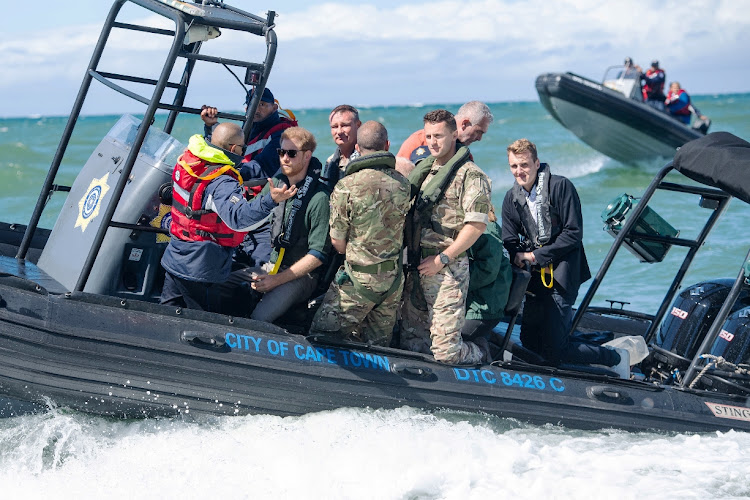 Prince Harry on a City of Cape Town marine enforcement unit rigid inflatable in Kalk Bay on September 24 2019.