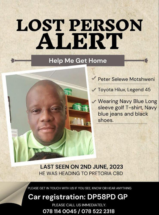 Peter Motshweni went missing on Friday and has not been seen since. His wife Lindiwe texted him in the afternoon but he never returned home.