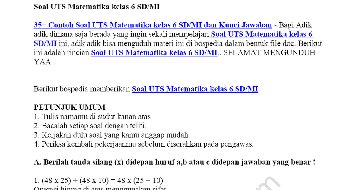 35 Contoh Soal Uts Matematika Kelas 6 Sd Mi Dan Kunci Jawaban