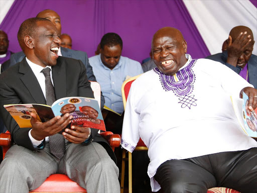 DP WIlliam Ruto with Bishop Samuel Thiong’o of the PEFA church to celebrate his 50 years of service at the church in Kitale/DPPS