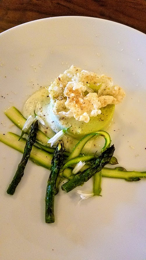 Chefs Week PDX 2017 Heritage Dinner at Chesa on May 7, Naomi Pomeroy (Beast) created a dish of warm asparagus custard, wild onion, tarragon cream, savory hazelnut toffee crunch