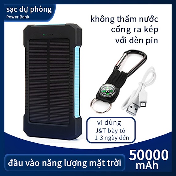 Sạc Dự Phòng 50000Mah Power Bank Sạc Năng Lượng Mặt Trời Không Thấm Nước Với Đèn Pin Usb Kép