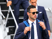 Nikola Kalinic of the Croatian men's national soccer team arrives at St Petersburg's Pulkovo International Airport for the 2018 FIFA World Cup. 