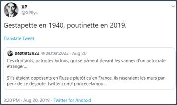 Tweet XP Gestapette en 1940, poutinette en 2019