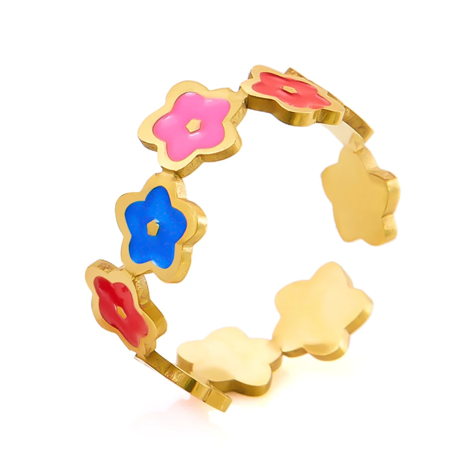 Anel feminino de aço inoxidável com flores coloridas doces, aberturas ajustáveis. Ideal para presentear e usar no dia a dia.