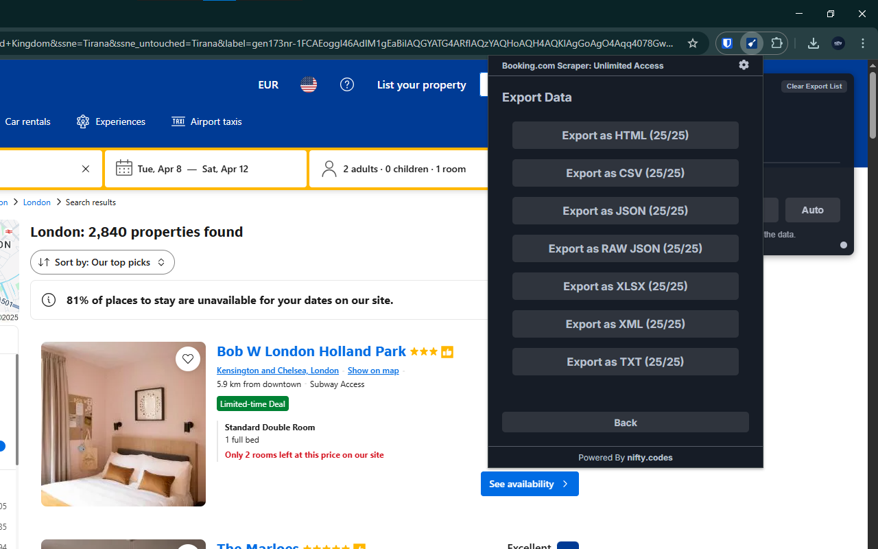 Booking.com Scraper: Export Stays, Flights, Reviews & more Chrome Extension Image 5