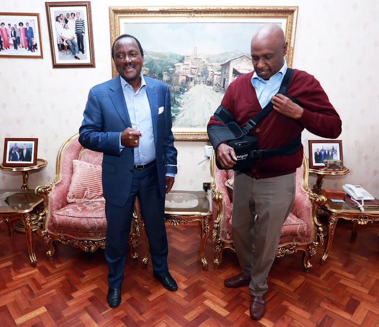 Wiper leader Kalonzo Musyoka with KANU leader Gideon Moi at his Nairobi residency on September 6,2022.