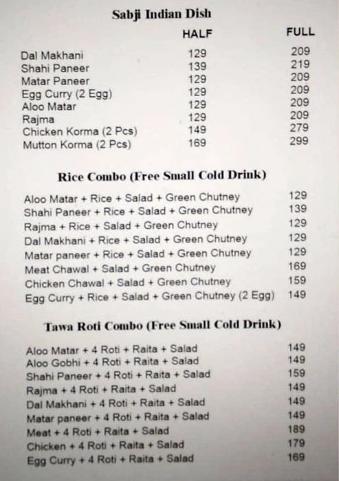 Garam Masala menu 