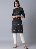 W Black Cotton Geometric Print Straight Kurta