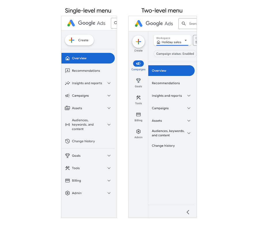 Screenshots of the old and new navigation menus side-by-side