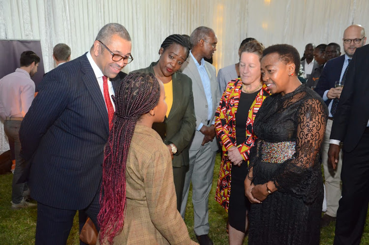 UK Foreign secretary James Cleverly, CS Environment Soipan Tuya, UK deputy High Commissioner Josephine Josephine Gauld and first lady Rachel Ruto have a chat with Karen, a 10-year-old environmental ambassador during a Climate-Earth shot reception hosted by British High Commissioner Jane Marriott on Thursday, December 8.