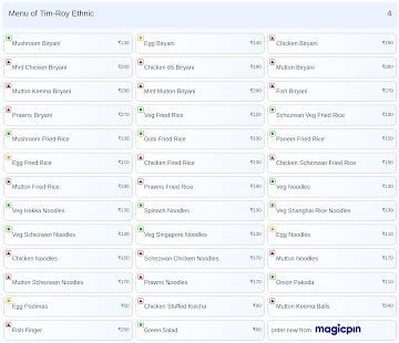 Tim-Roy Ethnic menu 