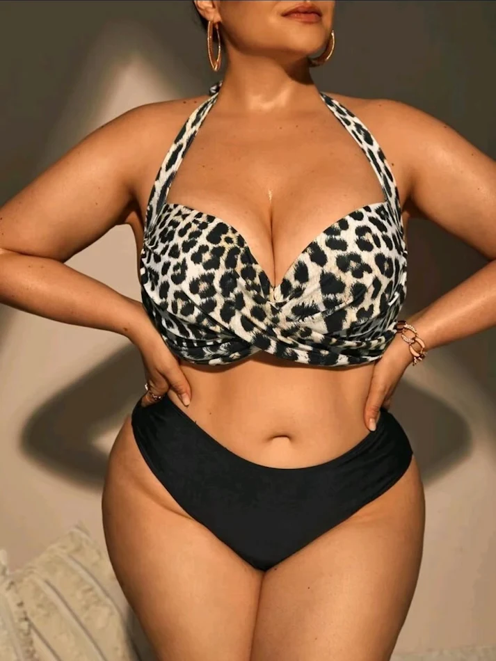Maillot de Bain Bikini Léopard Grande Taille Poitrine Forte, Taille Haute, Style Européen et Américain, Fendu