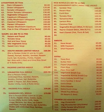 Om Saravana Bhavan menu 
