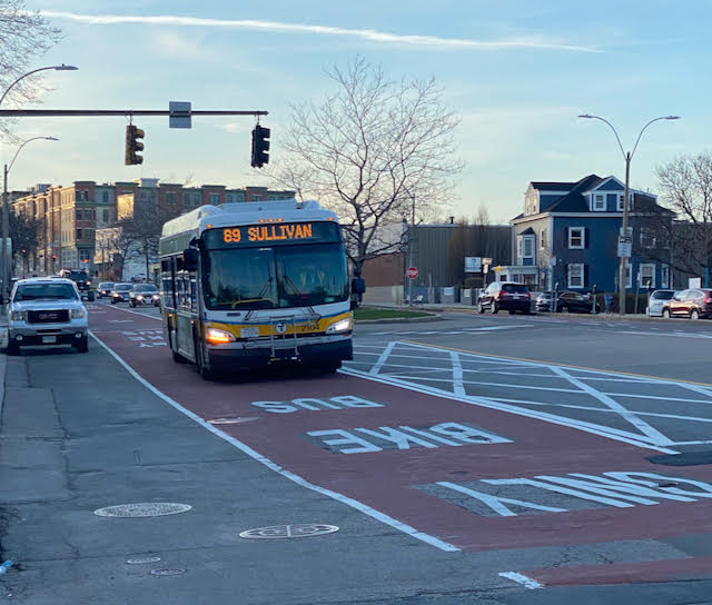 Example of a shared bus priority and bike lane.