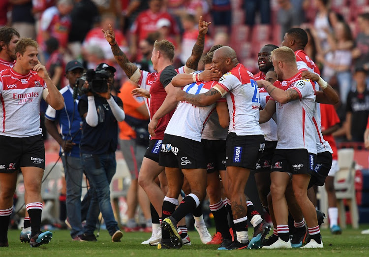 Emirates Lions celebrating their victory during the Super Rugby match between Emirates Lions and Rebels at Emirates Airline Park on March 16, 2019 in Johannesburg, South Africa.